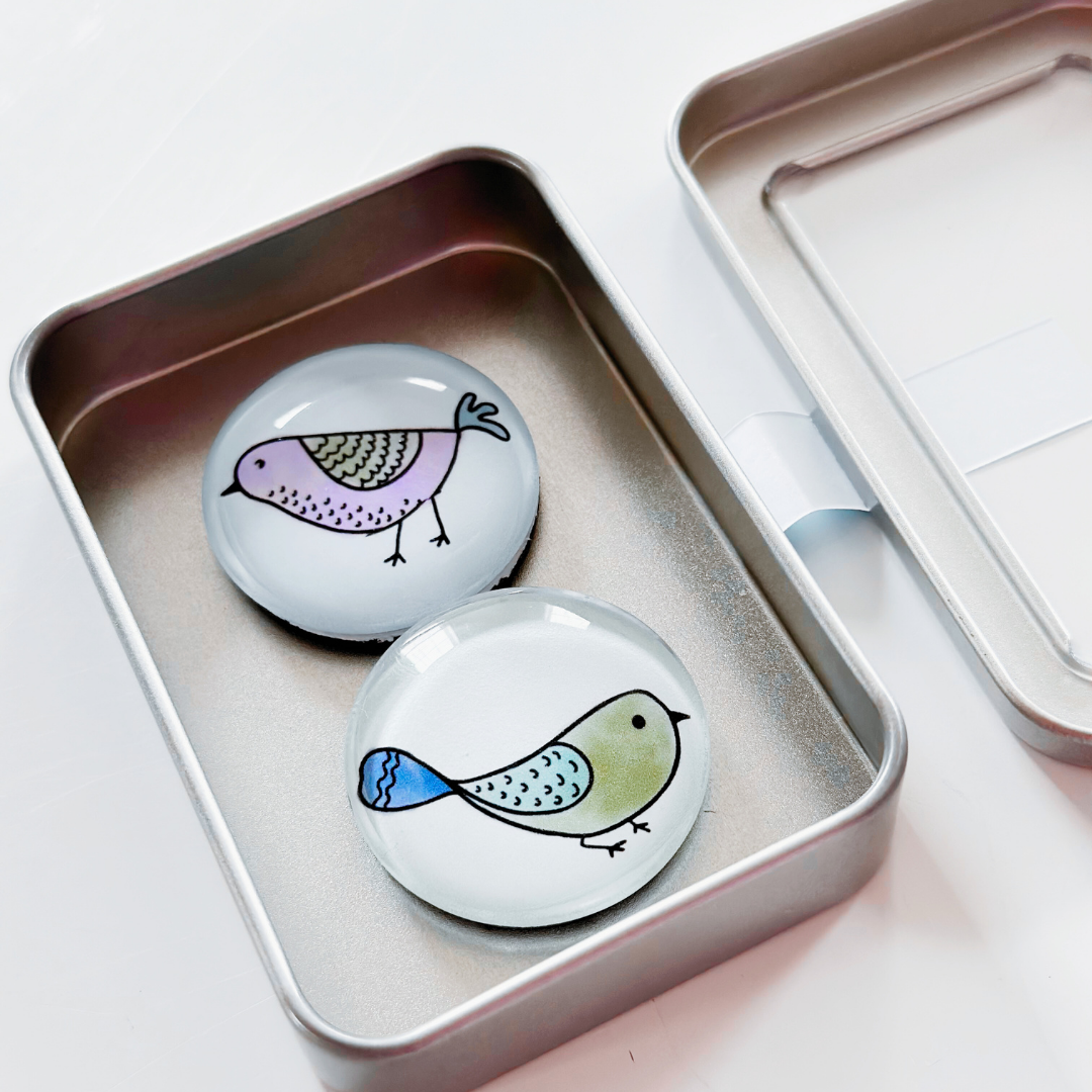 Glass Magnet Tin Set of 2 - Birds