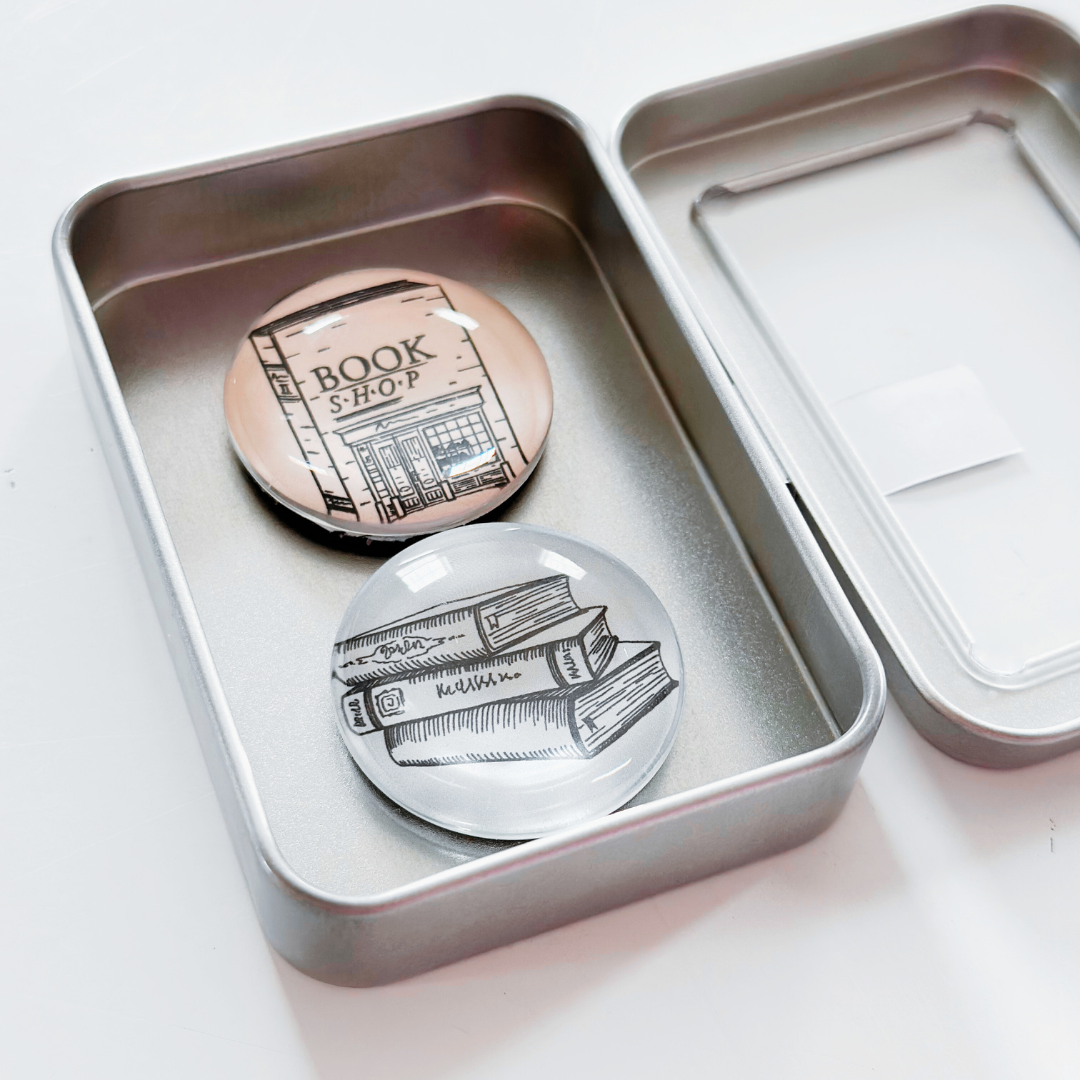 Glass Magnet Tin Set of 2 - Book Shop