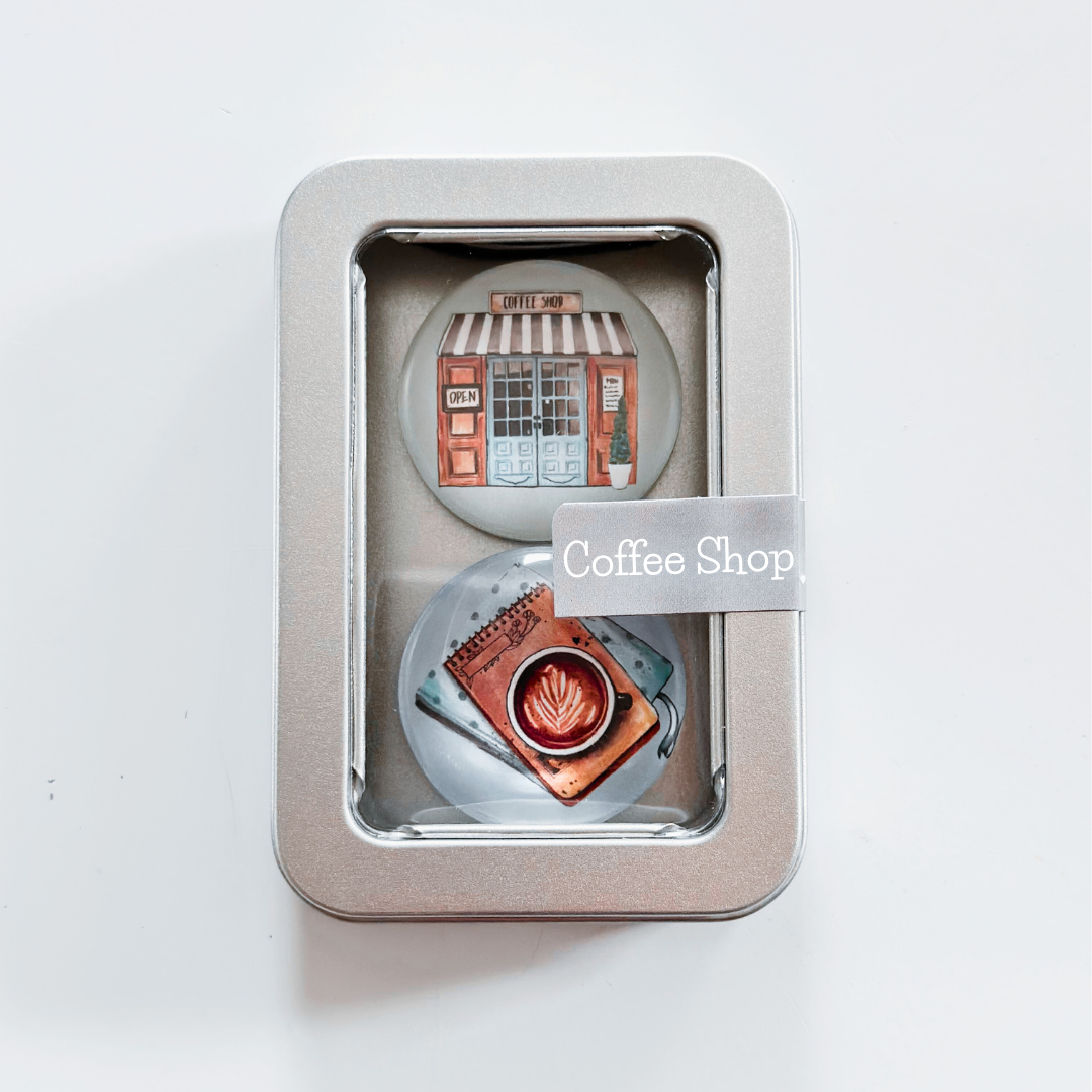 Glass Magnet Tin Set of 2 - Coffee Shop