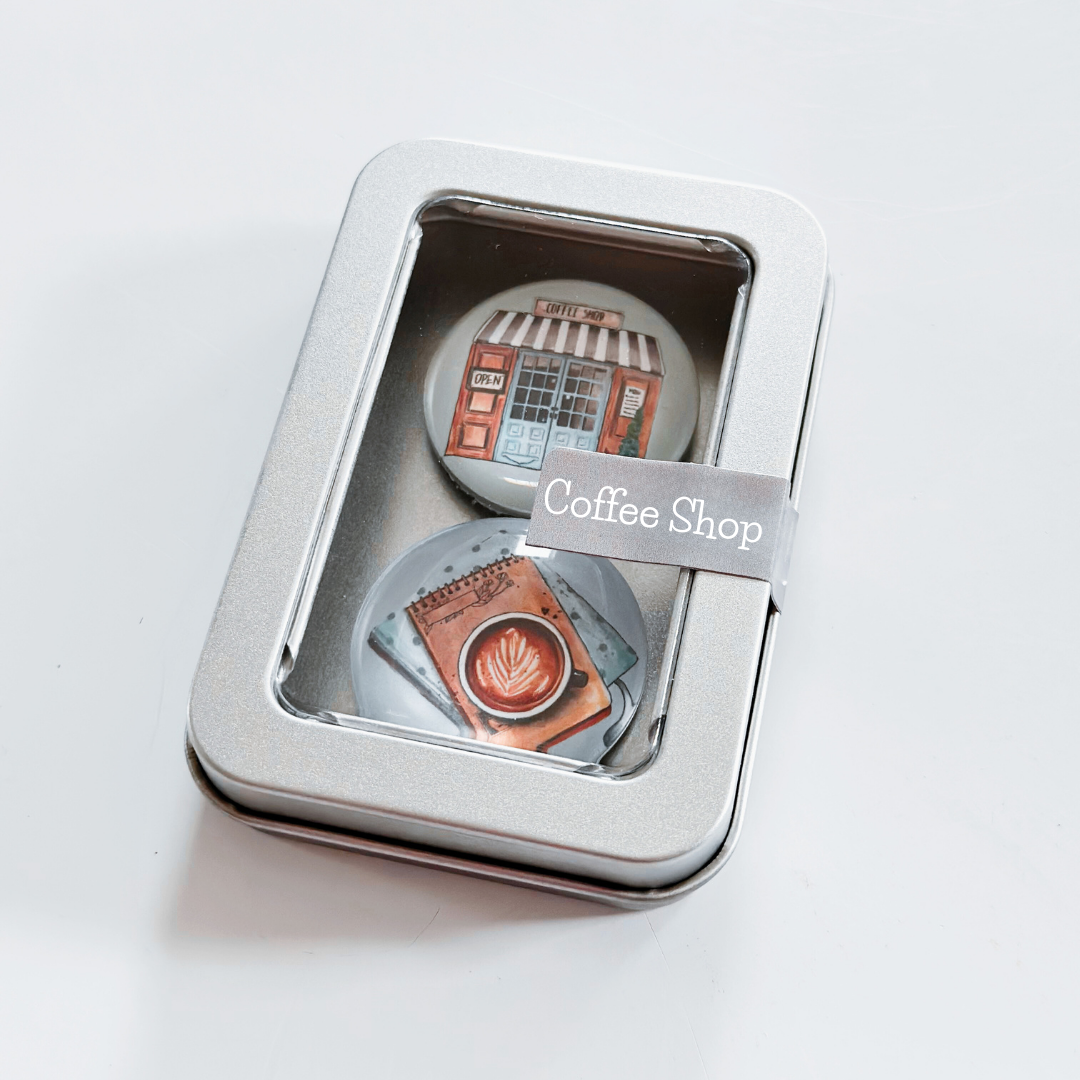 Glass Magnet Tin Set of 2 - Coffee Shop