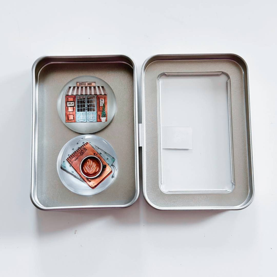 Glass Magnet Tin Set of 2 - Coffee Shop