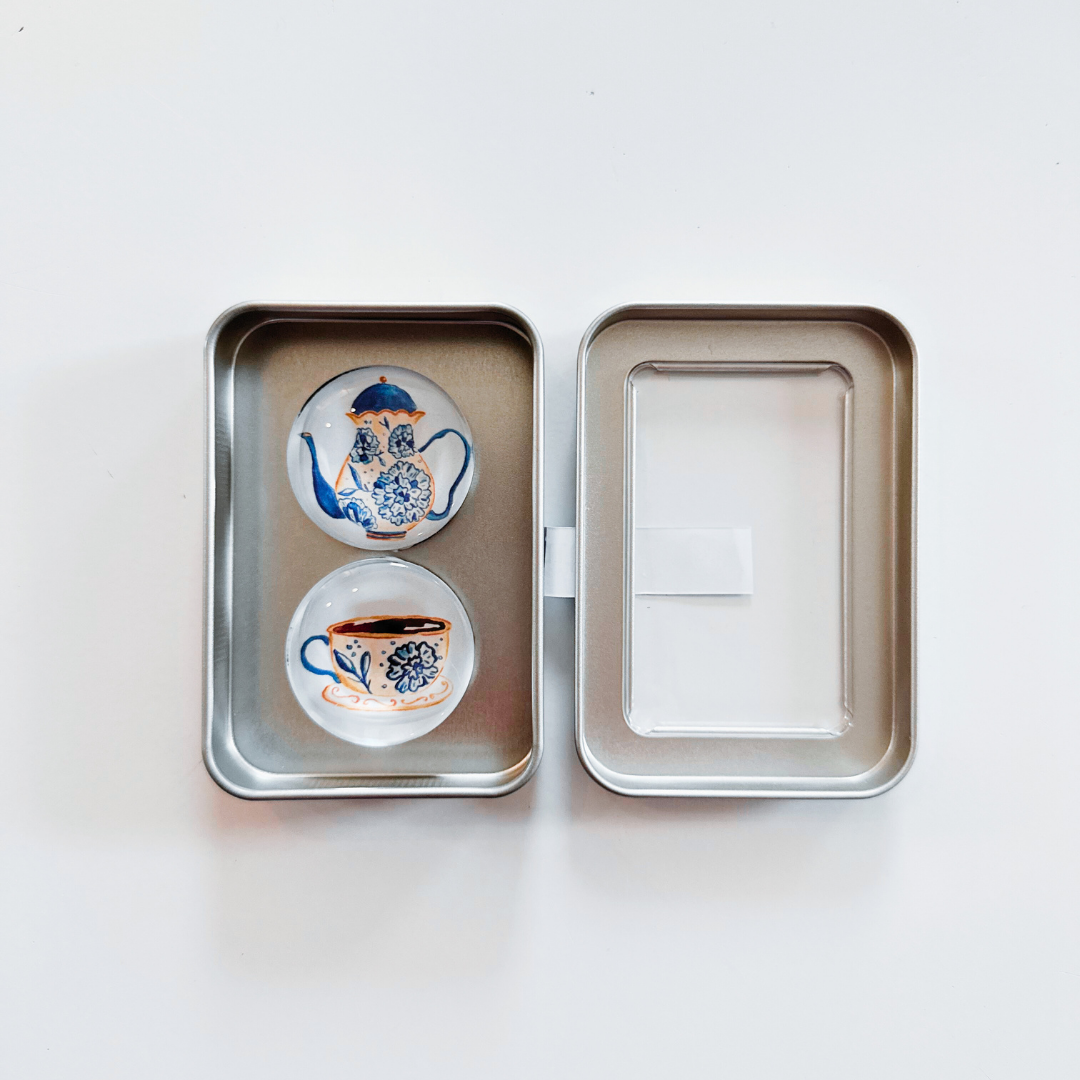 Glass Magnet Tin Set of 2 - Cup of Tea