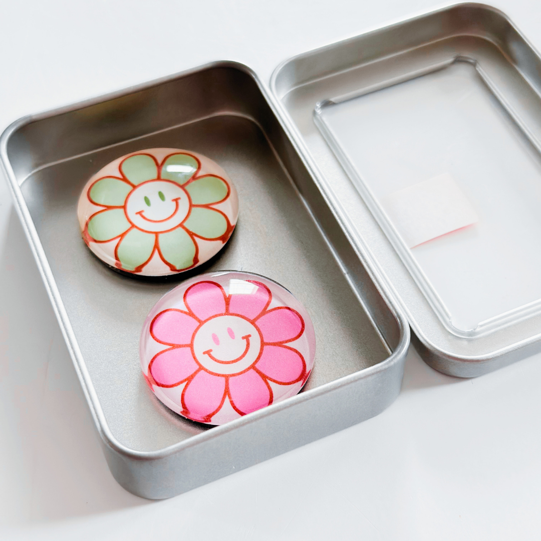 Glass Magnet Tin Set of 2 - Happy