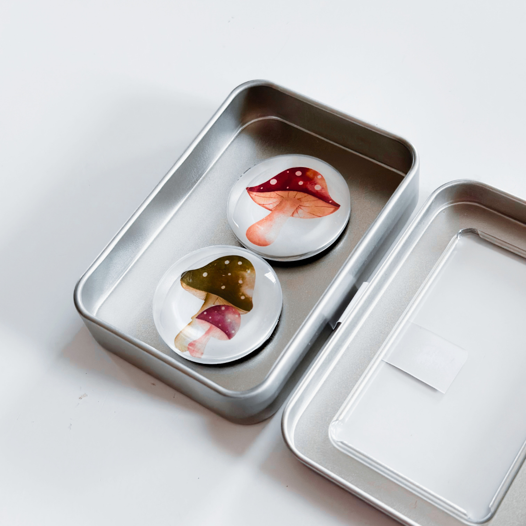 Glass Magnet Tin Set of 2 - Mushrooms