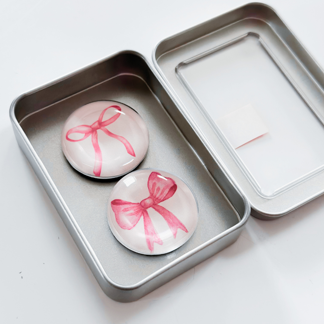Glass Magnet Tin Set of 2 - Pink Bows