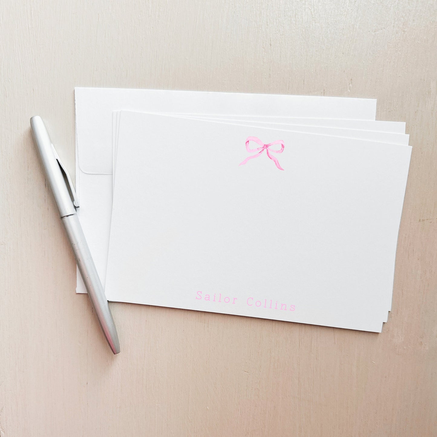 Custom Note Card Set - Watercolor Pink Bows