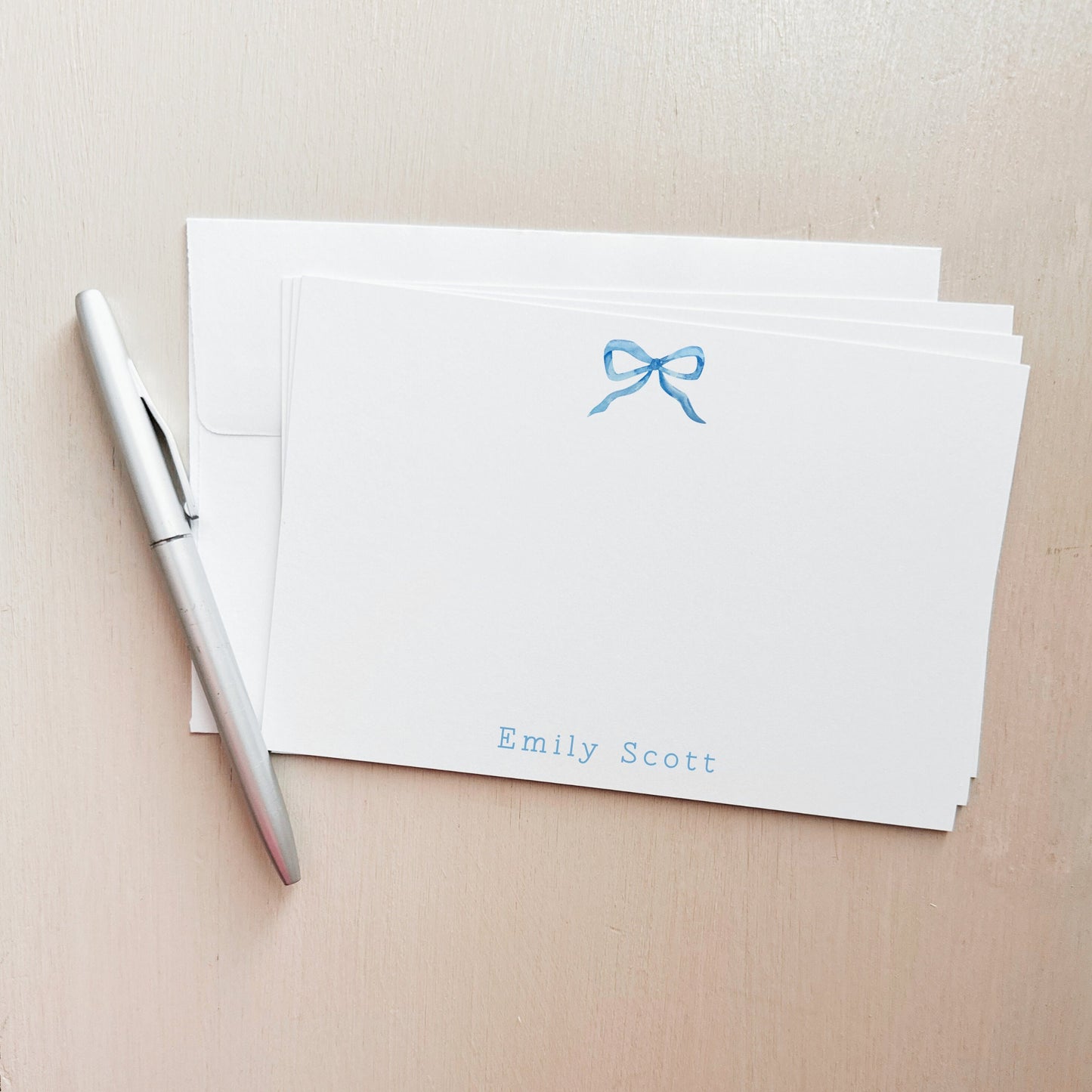 Custom Note Card Set - Watercolor Blue Bow