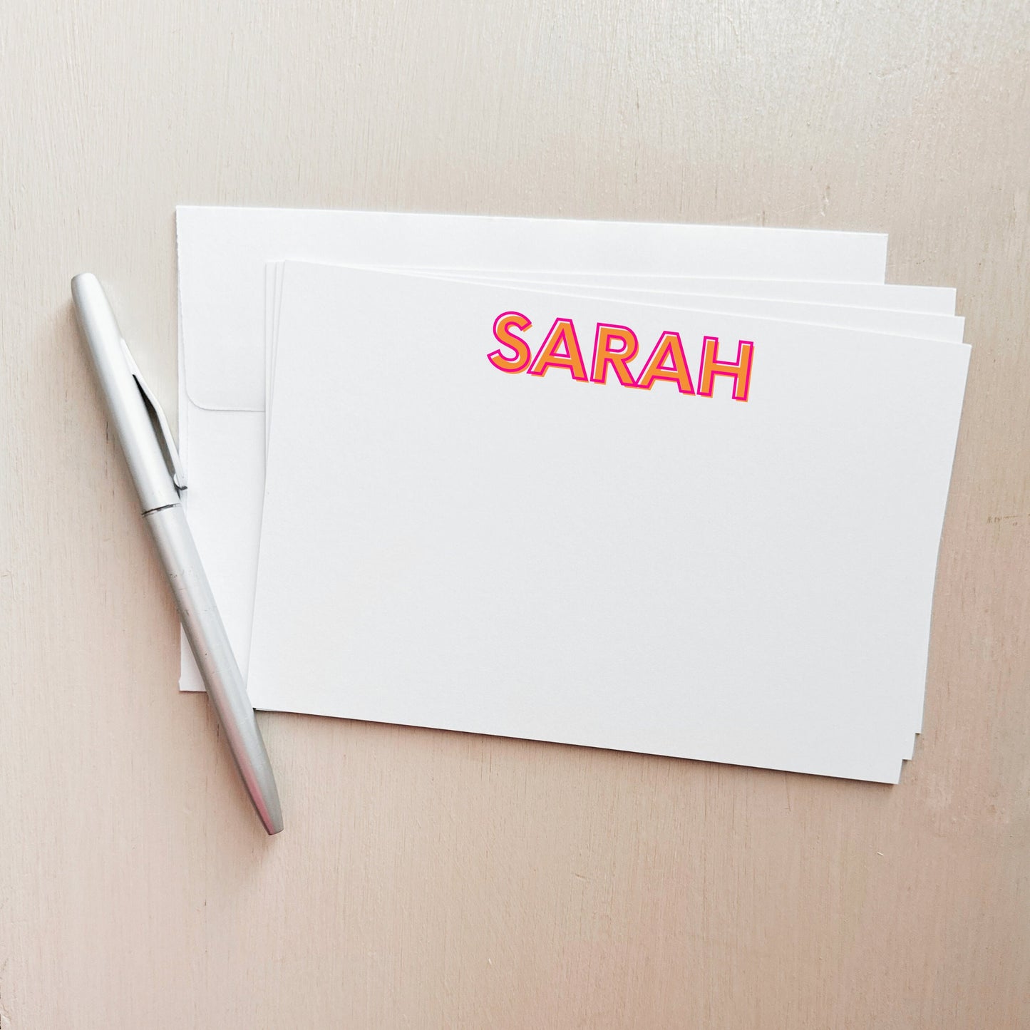 Custom Shadow Text Note Card Set - Pink & Orange