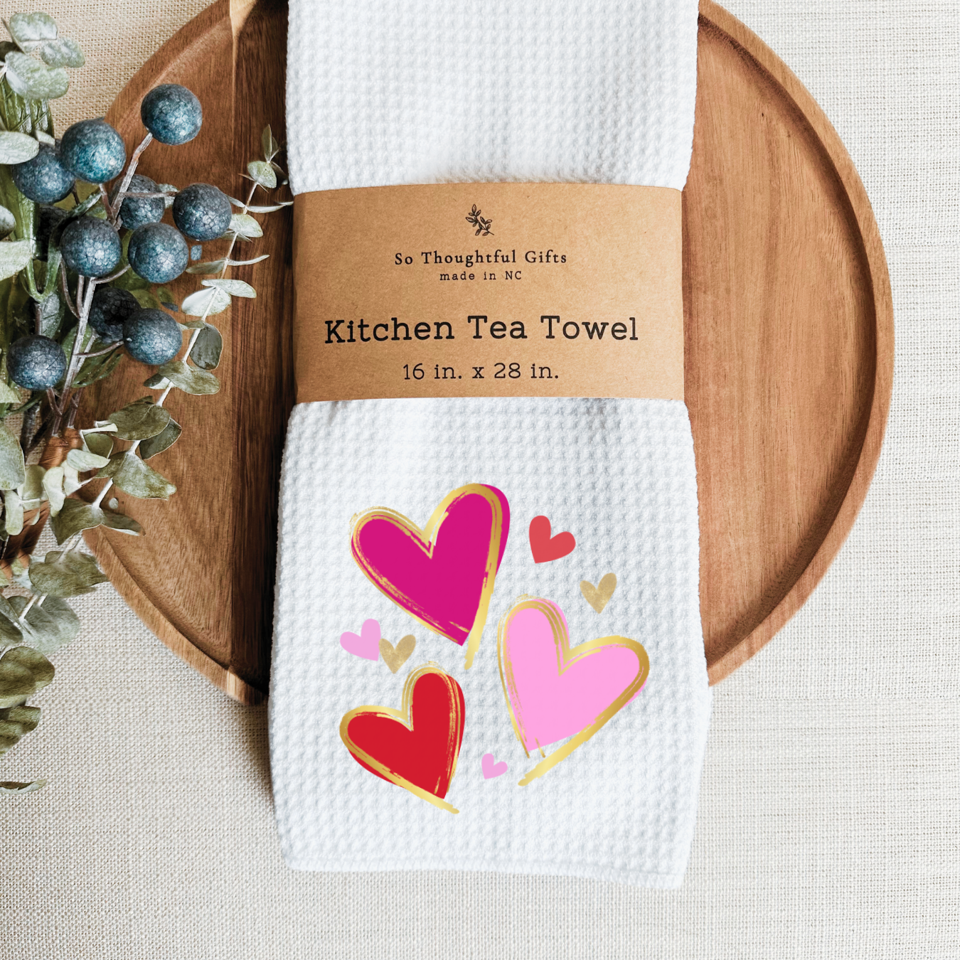 Valentine Dish Towel - Faux Metallic Hearts