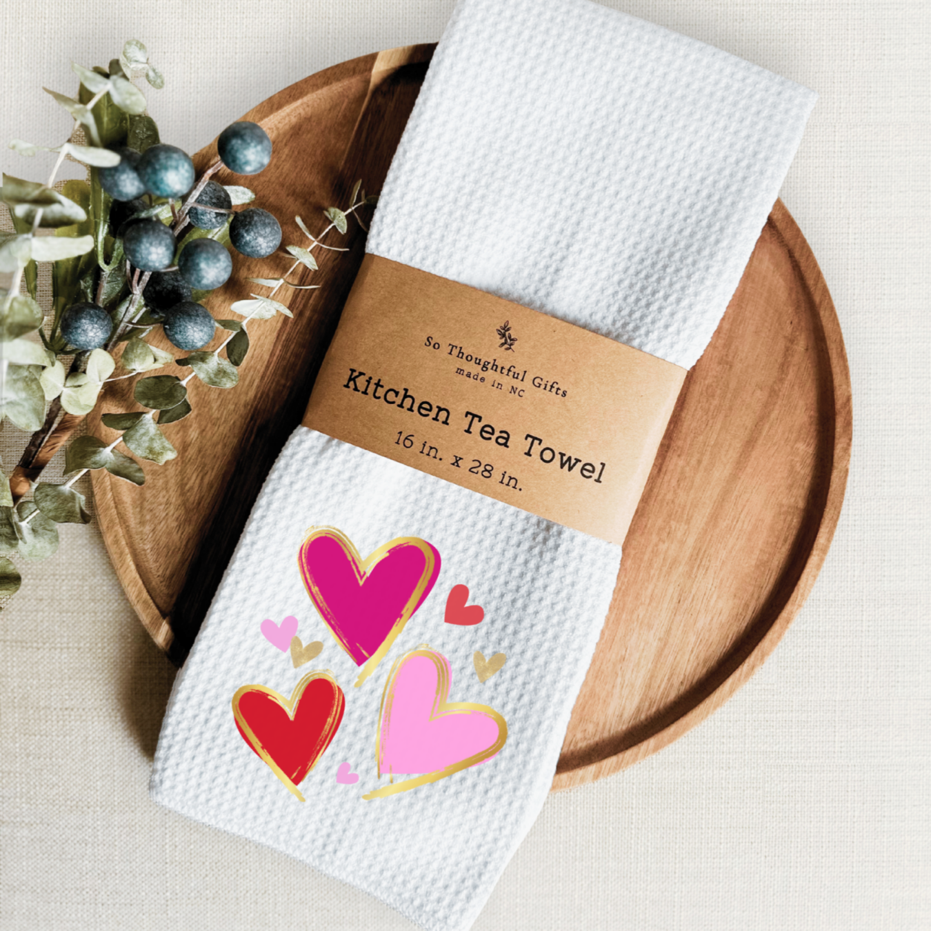 Valentine Dish Towel - Faux Metallic Hearts